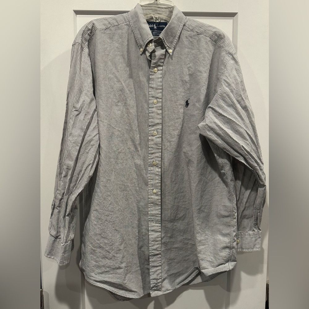 Vintage Polo by Ralph Lauren Men's Black/Gray and White Plaid Shirt